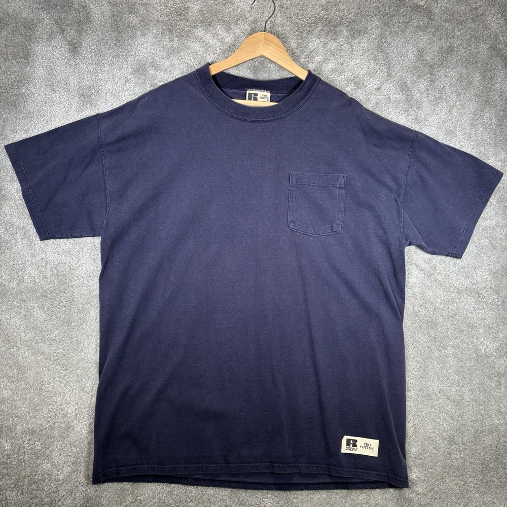 Vintage Russell Athletic Pocket T Shirt Men XL Blue Pro Cotton Heavy Made In USA